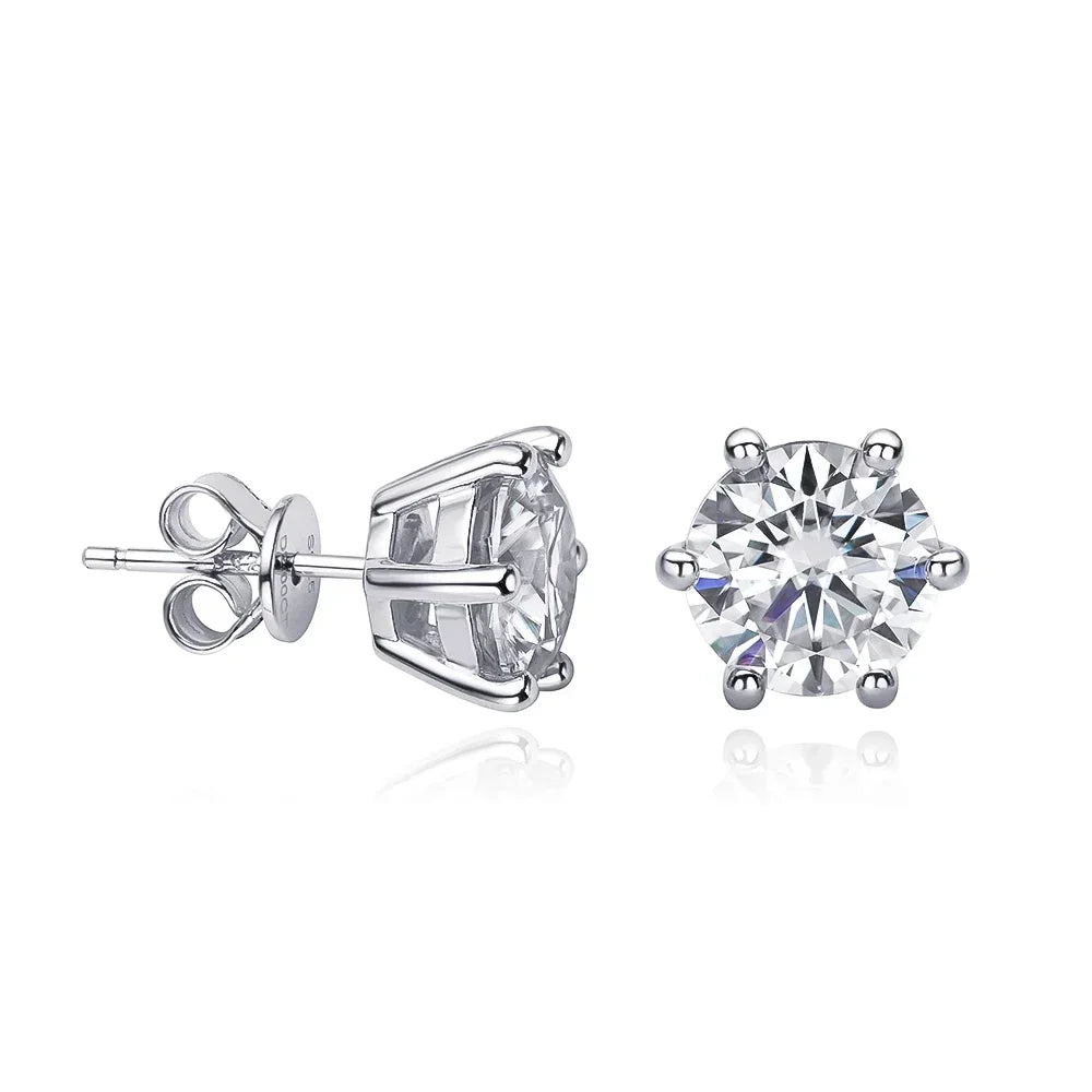 2 Carat Classic Moissanite Stud Earrings 925 Sterling Silver For Women 6-Claw D Color Sparkling Diamond Round Ear Studs with GRA