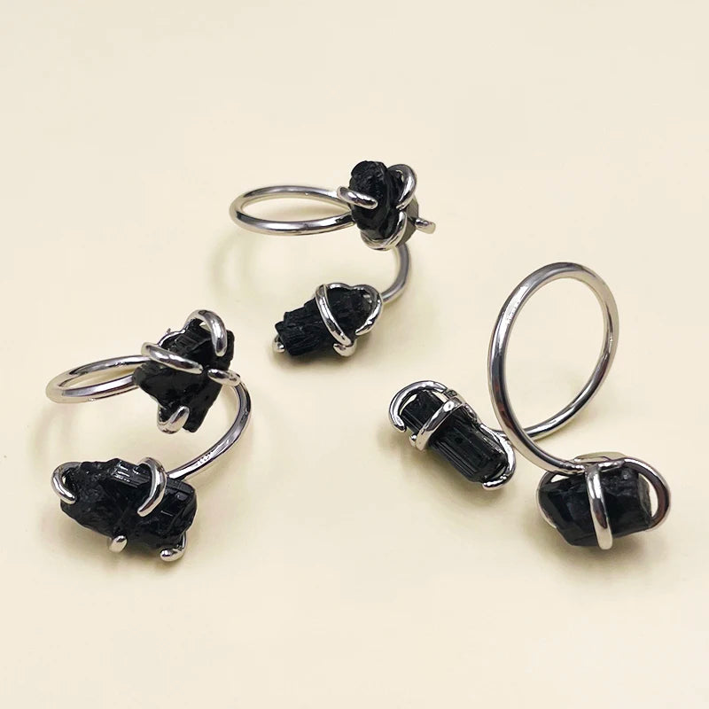 Irregular Black Tourmaline Open Ring Silver Color Handmade Raw Stone Finger Jewelry Resizable