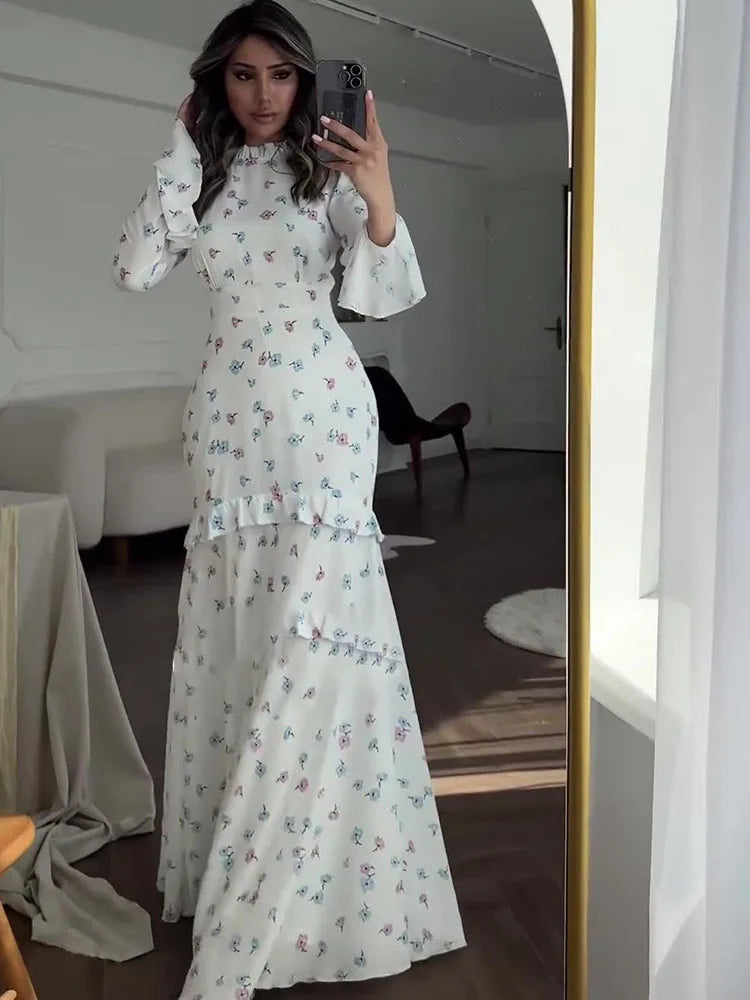 Tossy Ruffle Printed Long Sleeve Long Dress Women's Elegant Contrast Color Slim Fit Lace Waist Casual Summer Fashion Long Dress