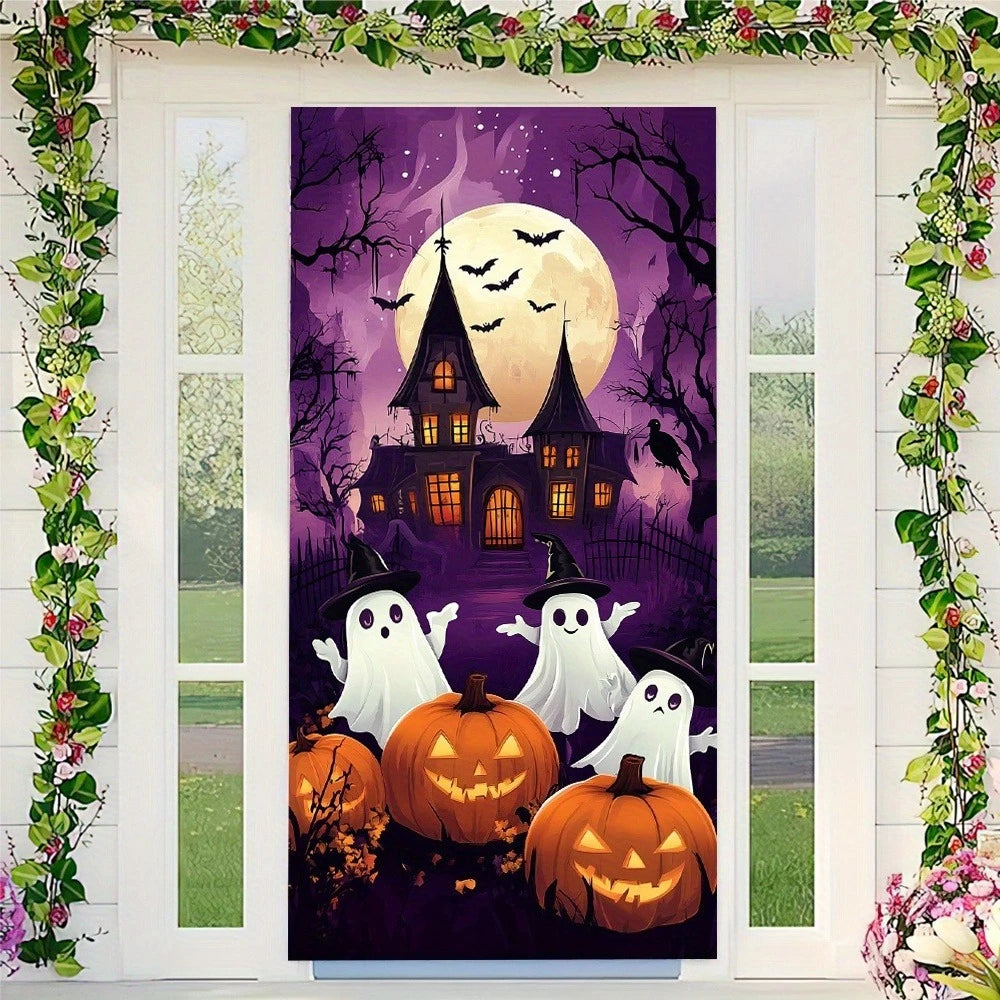 2D FLAT banner background fabric banner Party decoration Halloween door frame Pumpkin and bat pattern, party decoration banner