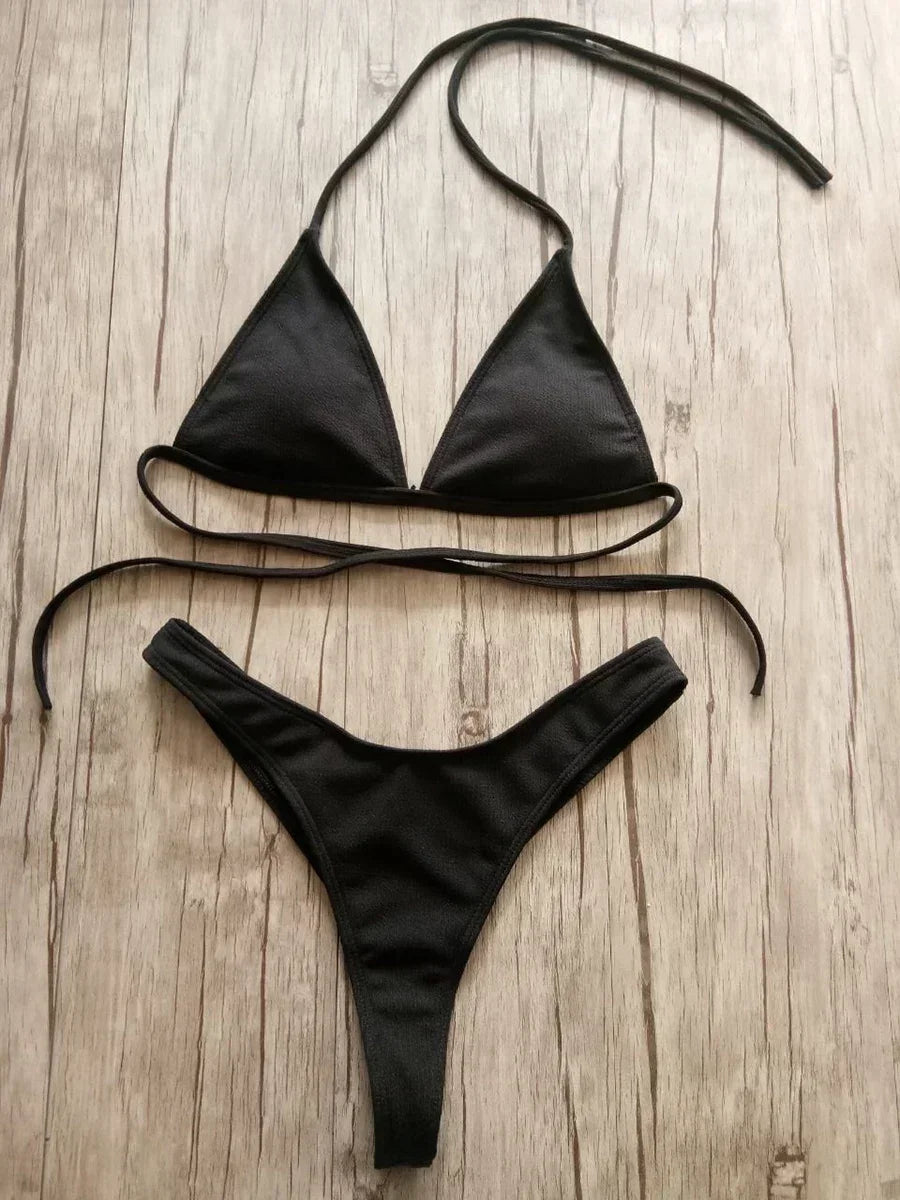 Bandeau Tanga Bikinis Ribbed Bikini 2025 Sexy High Cut Bikini Set Brazilian Swimsuit Thong Swimwear Women Girls Swimming Suit