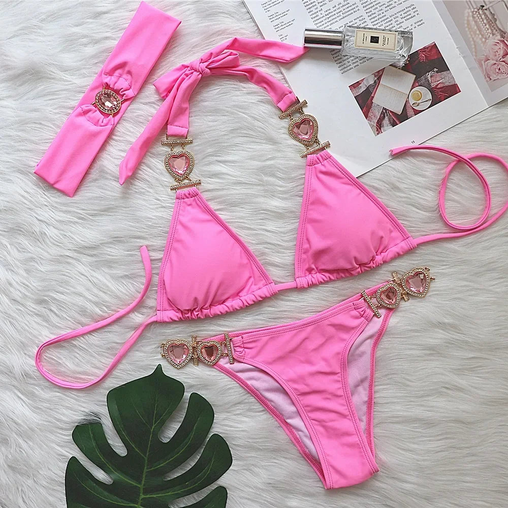 4 Colors New Sexy Bikini Women Luxury Heart-shaped Crystal Diamond Chain Solid Swimwear Swimsuit Female Bikinis Set Bathing Suit