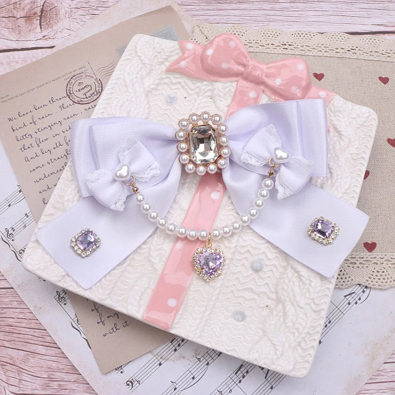 Beaded Ribbon Neck Tie Lolita Girl Bow Tie Women's Big Bow Larme Kei Heart Pearl for Collared Shirt Jfashion Brooch Accessories