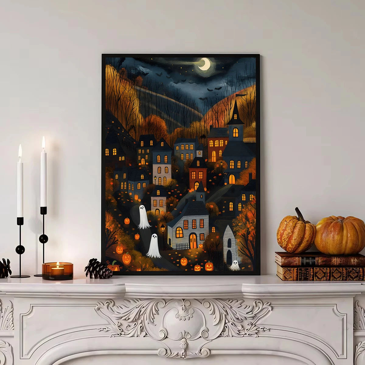 Spooky Halloween Town Folk Magical Forest Ghost Pumpkin Illustration Poster Canvas Painting Wall Pictures Holiday Home Decor