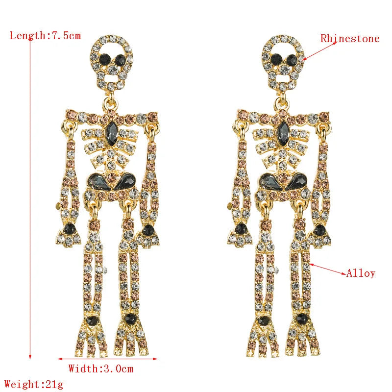 Women's Gothic Gorgeous Rhinestone Skeleton Dangling Earrings Halloween Retro Long Earrings Fashion Gift for Holidays