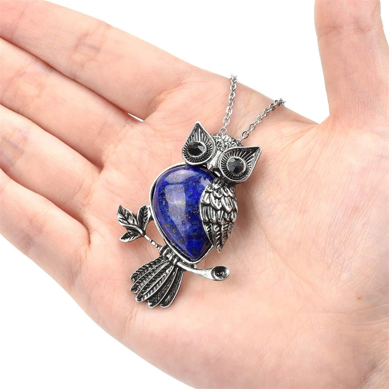 Owl Necklace Healing Crystal Stones Pendant Necklaces for Women Men Natural Amethyst Rose Quartz Gemstone Jewelry