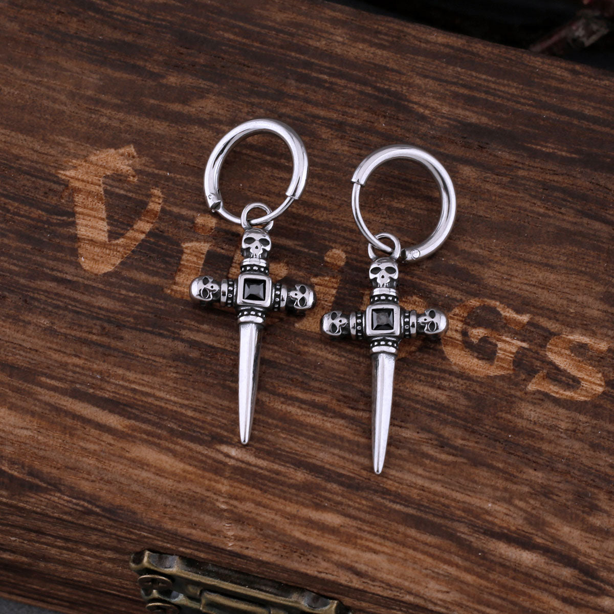 Vintage Cross Zircon Inlay Skull Earrings Men Hip Hop Stainless Steel Accessories Fashion Punk Jewelry Gift