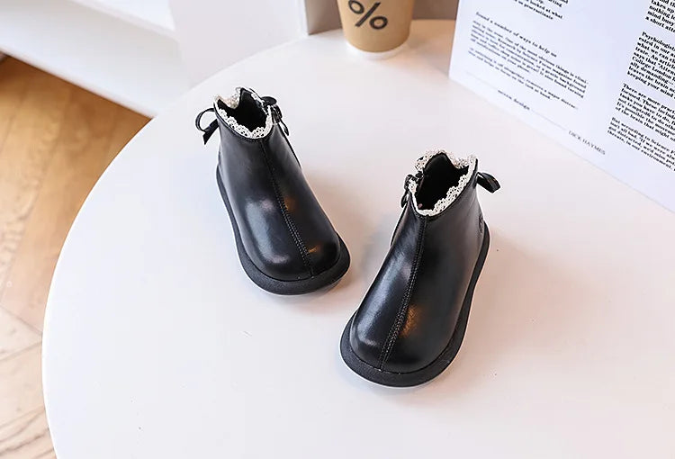 2024 New Autumn Children Boots Leather Girls Ankle Boots Lace Butterfly-knot Rubber Sole Fashion Toddler Kids Boots EU 21-30