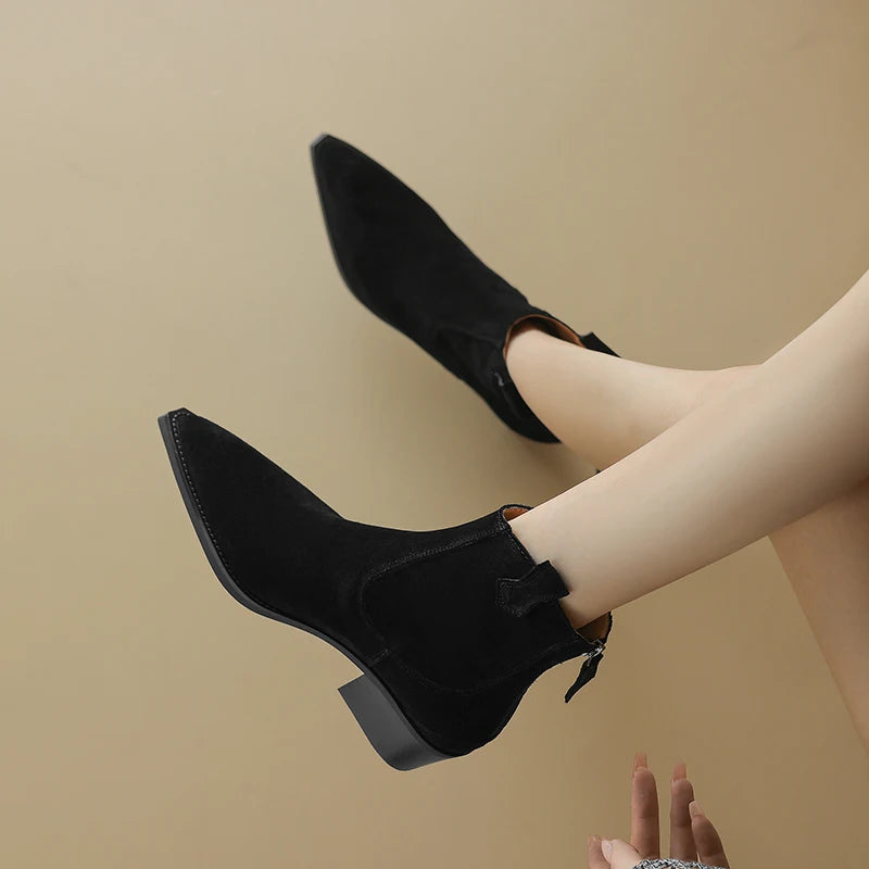 2025 Autumn Winter Trend Cow Suede Women Western Boots Black Brown Khaki Purple Green Burgundy Pointed Toe Ladies Ankle Boots