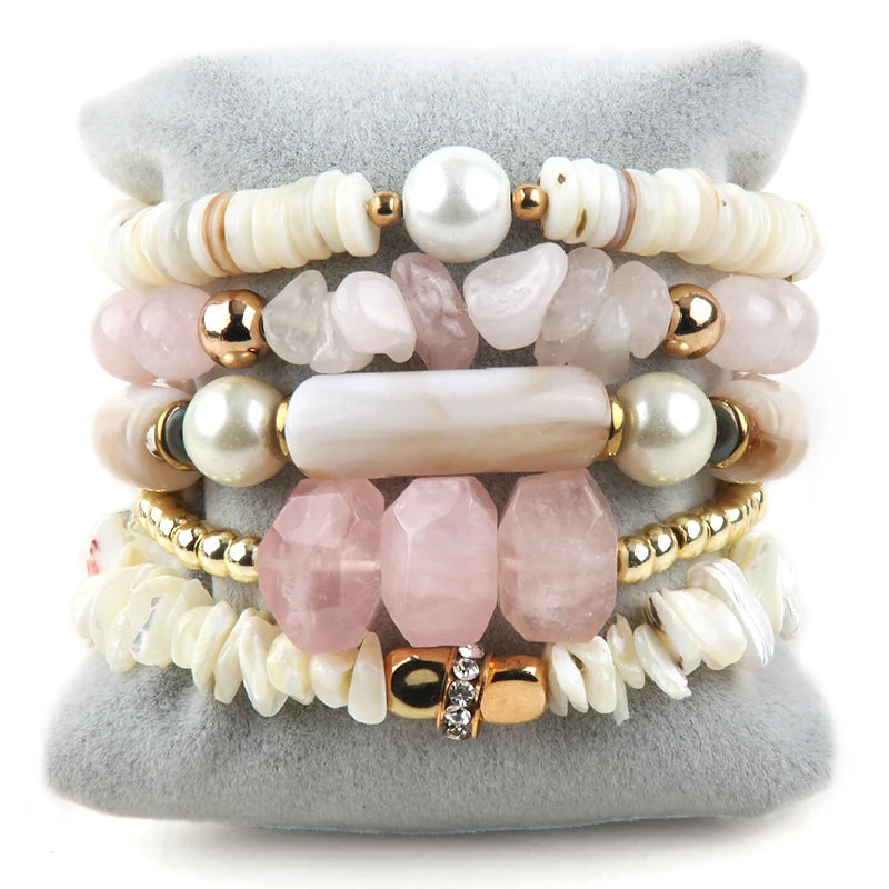 RH Fashion Bohemia Beaded Jewelry Big Acryl Pipe Wood Bracelets 5pc Stack Punk Stone Bracelets Set For Women Festival Gift