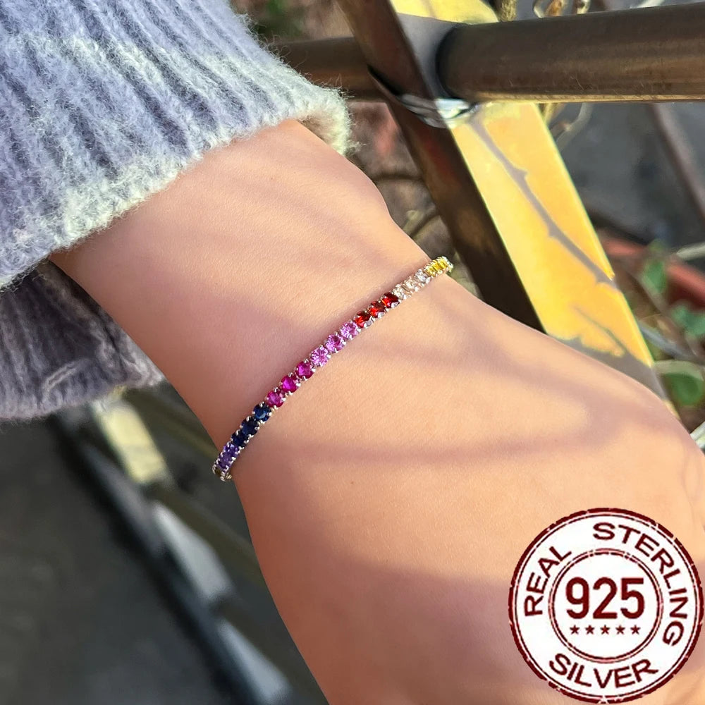 CWWZircons Sterling Silver 925 Multicolor Rainbow Tourmaline Tennis Chain Bracelets for Women Party Colorful CZ Jewelry SB018