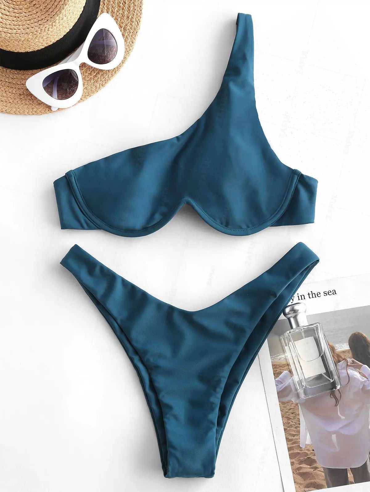 ZAFUL Bikini Set Textured One Shoulder O-ring Swimwear Women Beachwear Bathingsuit Removable Pads Wire Free Bather Swimingsuit