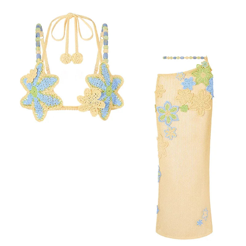 Sexy Beach Women's Set Beading Flower Crochet Crop Top Slim Maxi Skirt Female Suit 2025 Summer Hollow Out Knit Lady Dress Sets