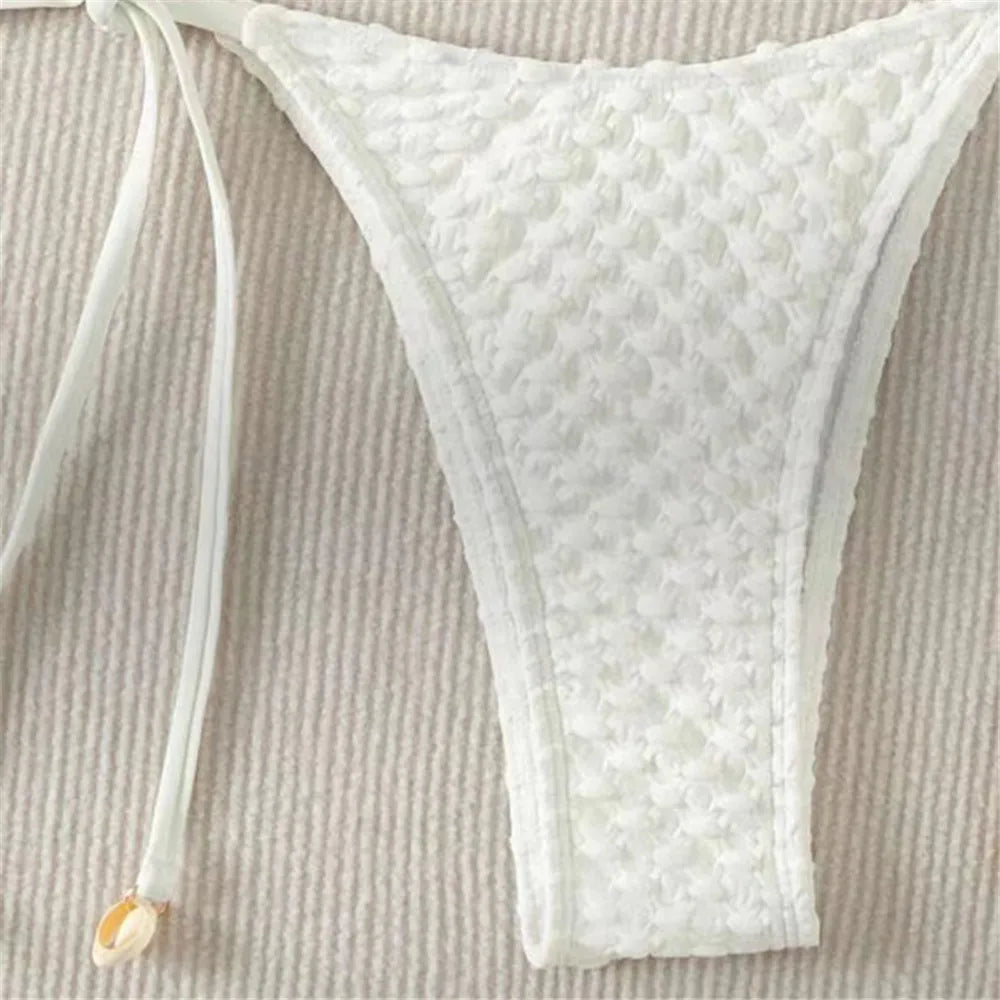 White String Micro Bikini Thong Sexy Swimsuit Women 2025 Shell Decorate Swimwear Bathing Suit Halter Triangle Bikinis Sets Mujer
