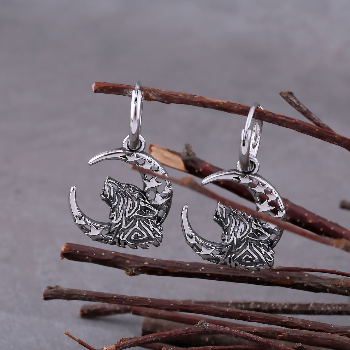 Punk Vikings Wolf Moon Star Drop Earrings For Men Nordic Odin Fashion Amulet Earrings Stainless Steel Vintage Party Gift Jewelry