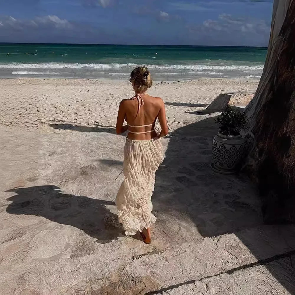 Solid Hang Neck Long Skirt Suit For Women Halter Backless Sling Top Lace Up Fold Maxi Skirt 2024 Hot Fashion Female 2 Piece Set