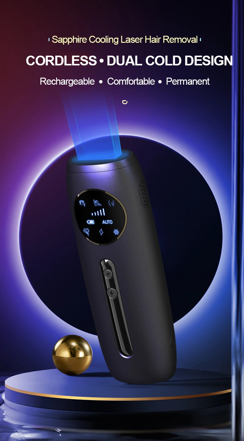 Rechargeable Laser Hair Removal Sapphire Cooling Auto Permanent Painless Bikinis Trimmer in Home Icy Cold Wireless IPL Epilator