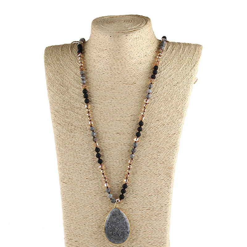 Fashion Bohemian Jewelry Accessory 6mm Stone/Glass Knotted Stone Drop Pendant Necklaces Women Beaded Necklace