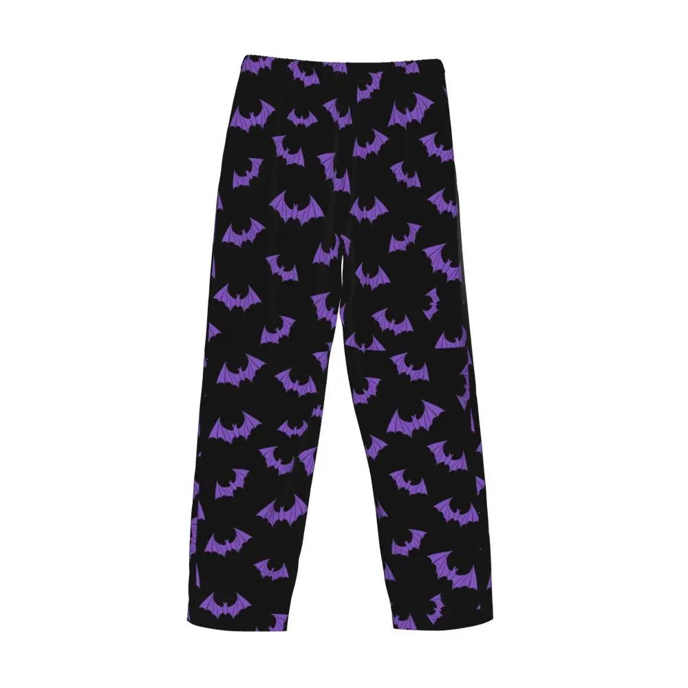 Custom Cute Spooky Halloween Bats Black And Purple Pajama Pants for Men Lounge Sleep Drawstring Sleepwear Bottoms with Pockets