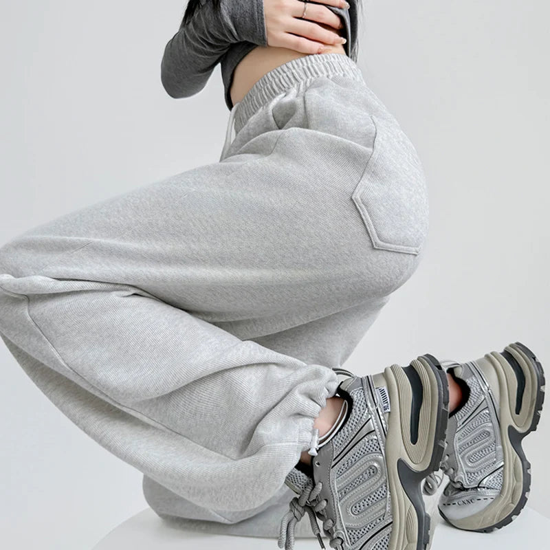 Black Gray High Waist Sweatpants Women Spring Autumn Elastic Waisted Wide Leg Trousers Woman Comfort Straight Loose Sport Pants