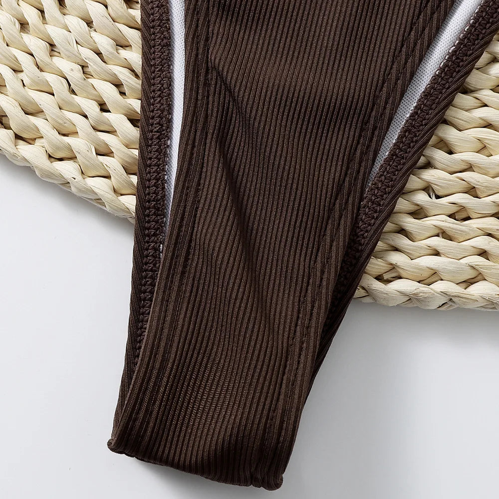 Rib Buckle Linked Thong Bikinis 2025 Women Sexy Swimsuit Solid Swimwear Female Padded Bathing Swimming Suit Beachwear Summer