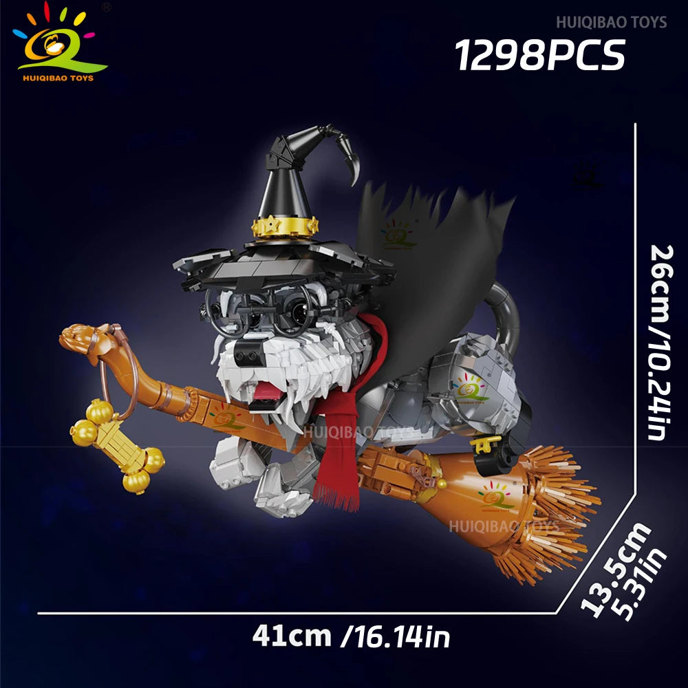 HUIQIBAO Halloween Wizard Cat Dog Ghosts Pumpkin Houses Model Building Block DIY Haunted House Bat Bricks Toys for Adult Gift