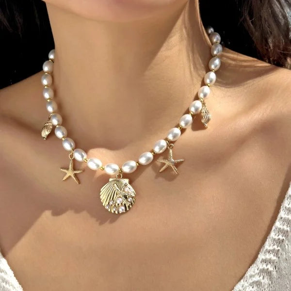 Boho Shell Turquoise Multi-layer Starfish Beaded Necklace for Women Beach Holiday Jewelry Minimalist Accessories