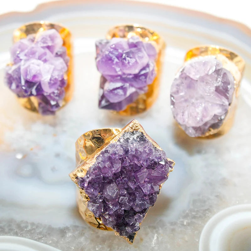 Irregular Rough Amethyst Stone Ring for Women Purple Crystal Cluster Gemstones Jewelry Open Finger Jewelry
