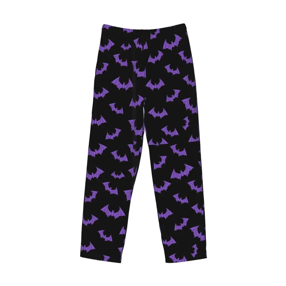 Custom Cute Spooky Halloween Bats Black And Purple Pajama Pants for Men Lounge Sleep Drawstring Sleepwear Bottoms with Pockets
