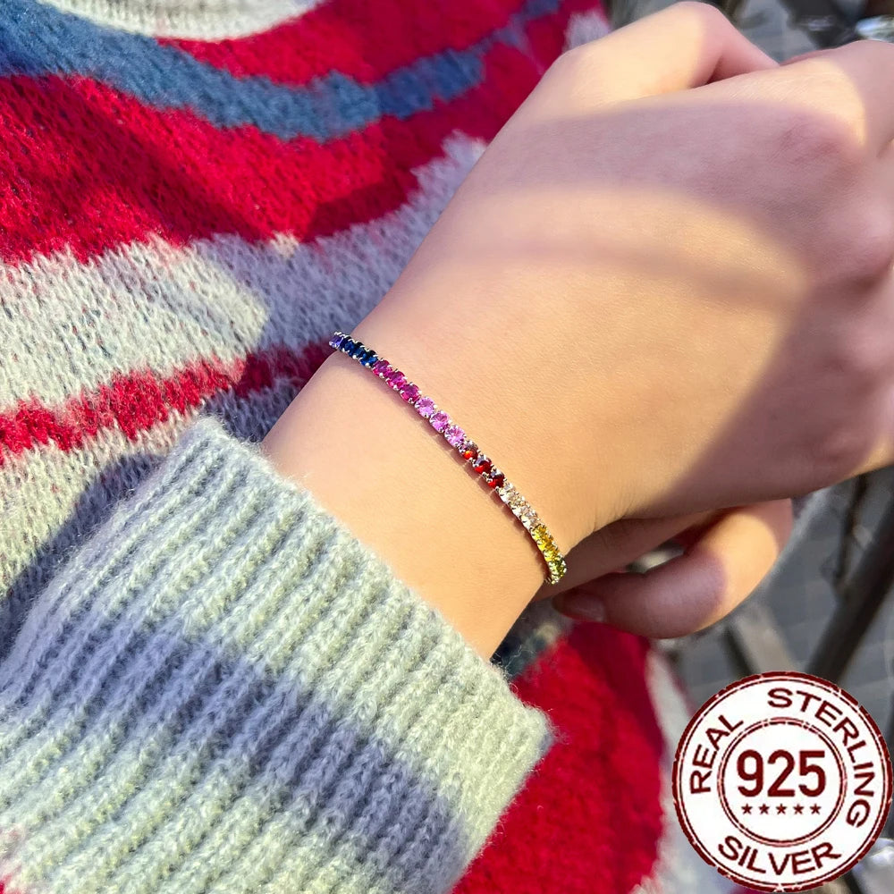 CWWZircons Sterling Silver 925 Multicolor Rainbow Tourmaline Tennis Chain Bracelets for Women Party Colorful CZ Jewelry SB018