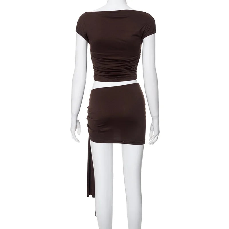 Women Solid 2 Piece Set Sexy Off Shoulder Short Sleeve Ruched Slim Crop Tops Lace Up Ribbon Bodycon Mini Skirts Casual Suits