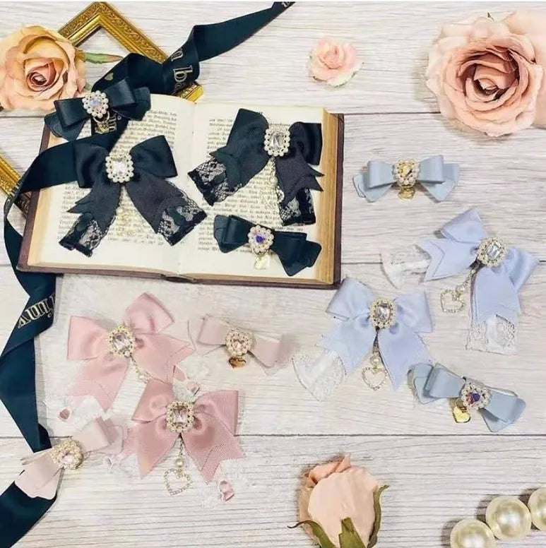 Japanese Sweet Cute Handmade Rhinestone Bow Hairpin Pearl Lace Hairclips Lolita Women Girls Side Clip Bag Pendant Handbag Charms