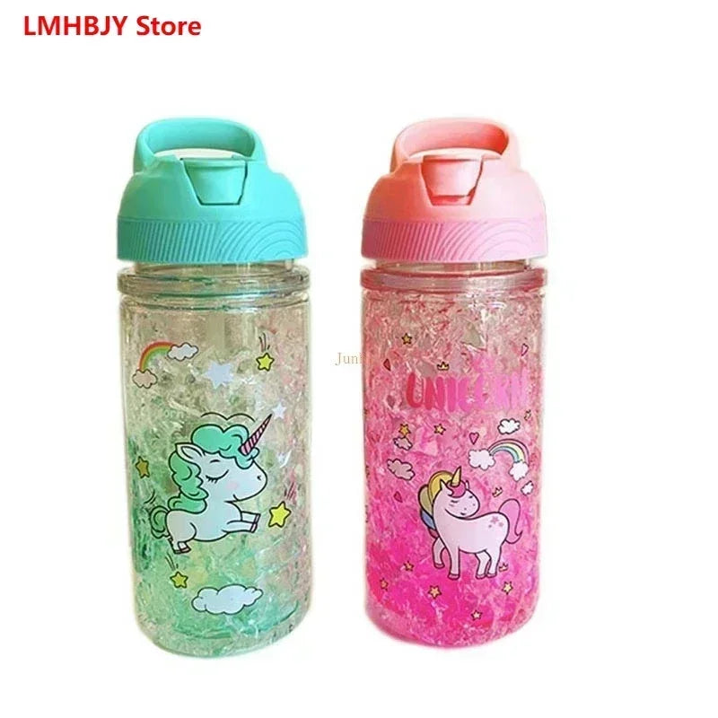 Stylish Double Straw Unicorn Ice Cup Summer Cold Drink Juice Coffee Water bottle Boy's Girl's Portable Plastic Cups Novelty Gift