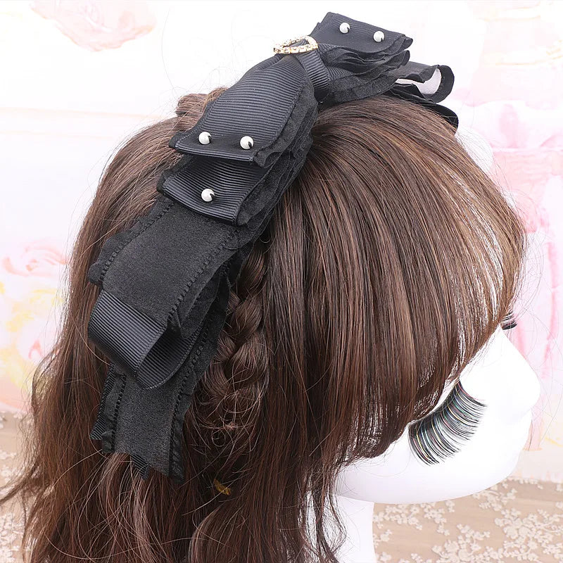 Sweet Beaded Yarn Ribbon Bezel Headwear Women Girls Vintage Big Bownot Hairband Wide Hairclip Headdress For Hairpin Accessories