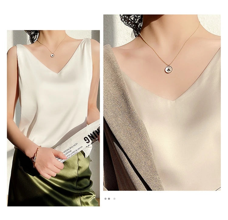 Women's New Four Seasons Inner Wear Silk Suspenders 2022 V-Neck Solid All-Match Satin Vest Soft Loose Thin Lady Sleeveless Tops