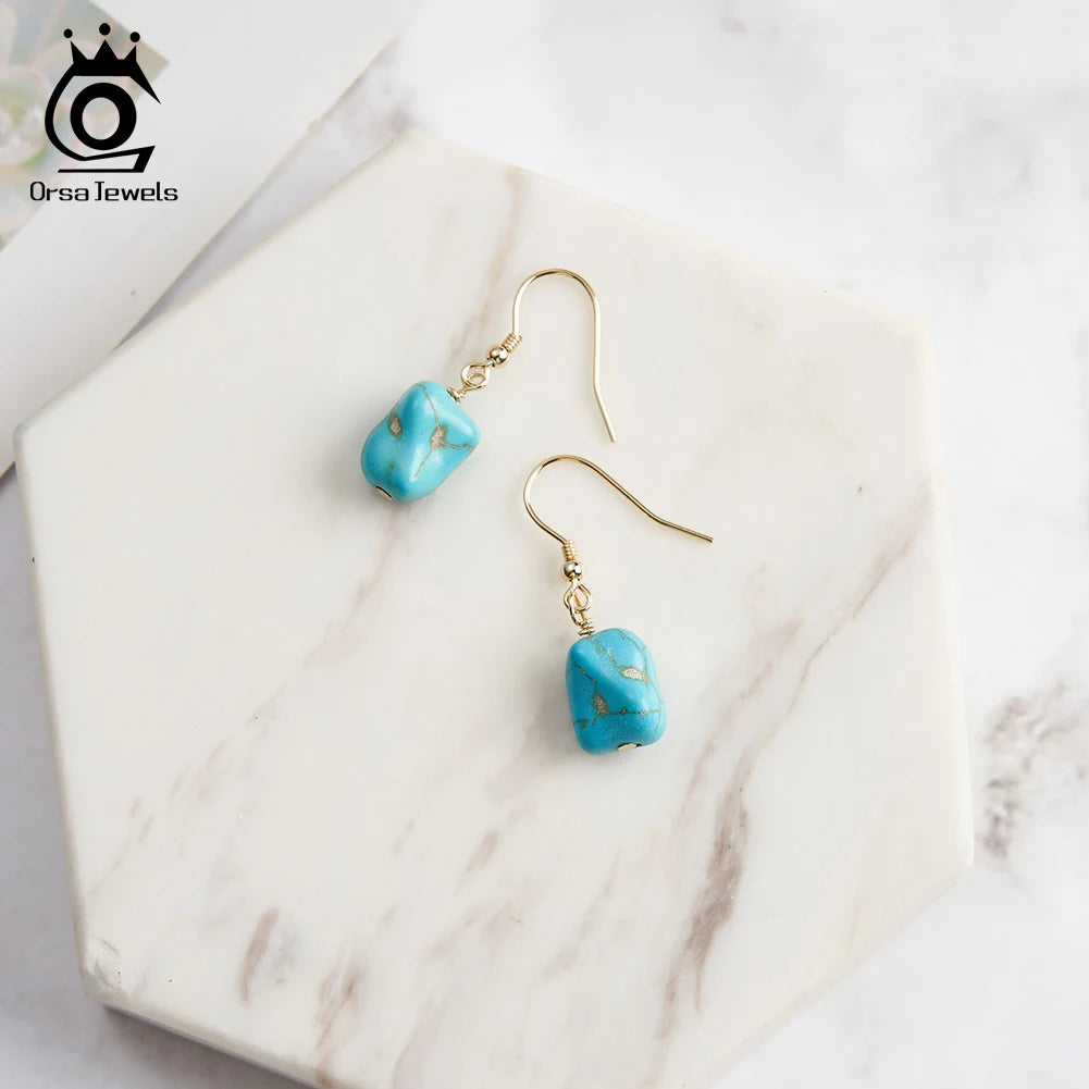 ORSA JEWELS 14K Gold 925 Sterling Silver Dangle Earrings Hand-picked Square Turquoise Drop Earring for Women Jewelry Gift GME45