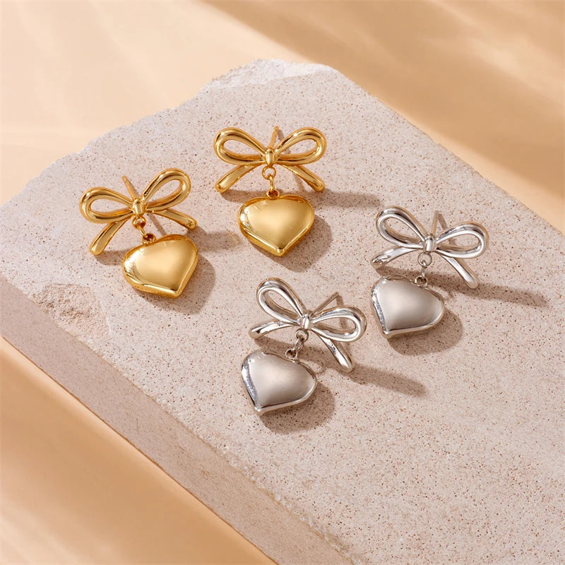 DIEYURO 316L Stainless Steel Gold Color Bow Heart Earrings For Womans New Fashion Exquisite Ear Accessories Jewelry Party Gifts