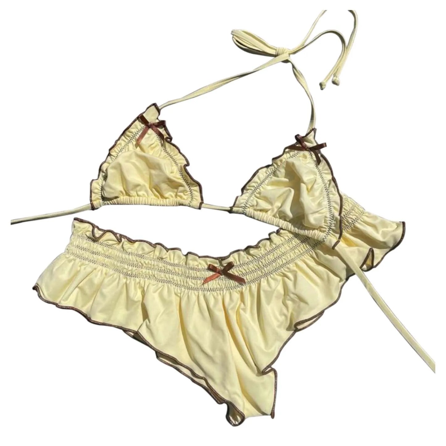 Girls' Yellow Bikini Swimsuit With Bow And Wooden Bead Detail Cute Beachwear For Kids Women High Cut Bandage Push Up Swimsuit