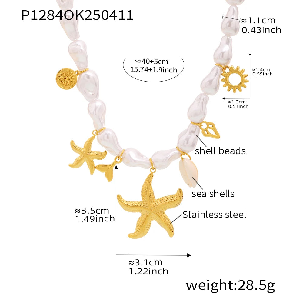 Summer Stainless Steel Gold Plated Sunshine Pendant Necklace for Women Sea Shell Chain Luxury Jewelry Gift