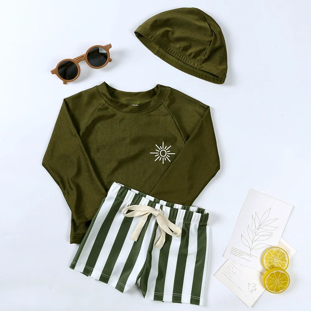 2025 Summer Kids Boy Swimsuits Sun Protection Vacation Beach Pants Long sleeve Tops with Hat Children Surfing Swim Suit 1-7T