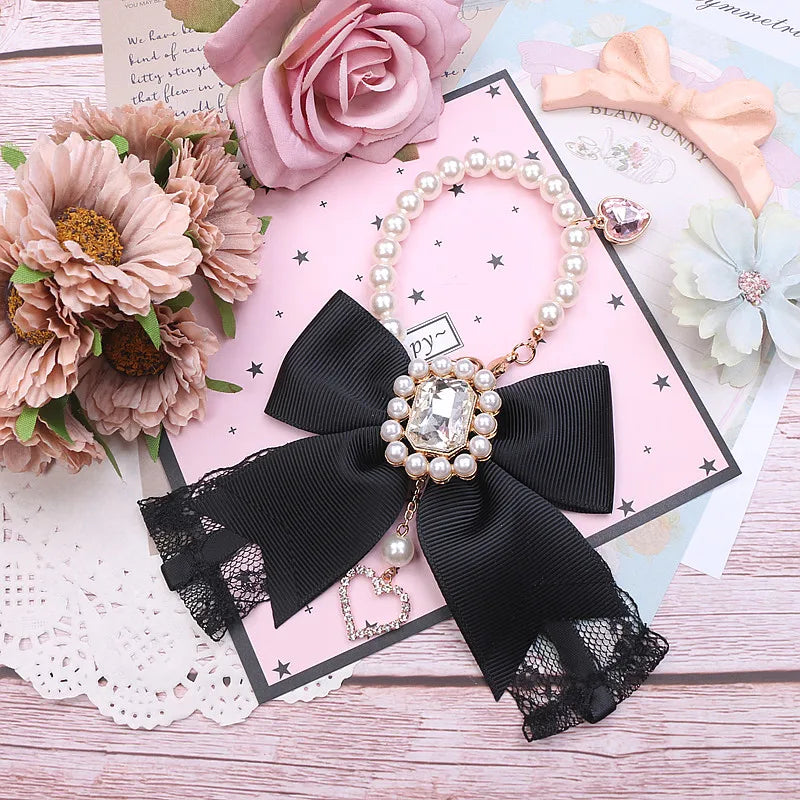 Japanese Sweet Cute Handmade Rhinestone Bow Hairpin Pearl Lace Hairclips Lolita Women Girls Side Clip Bag Pendant Handbag Charms