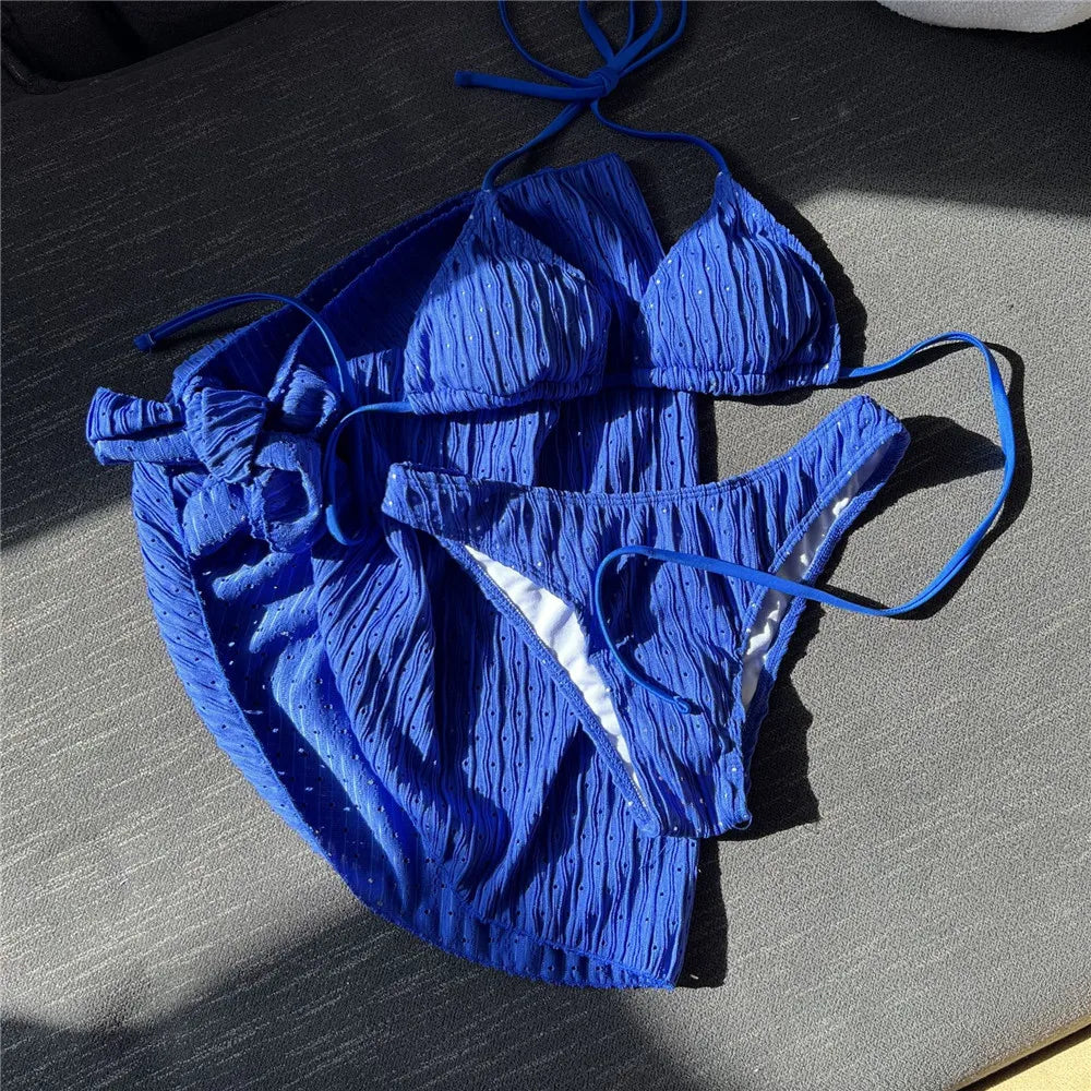 White Swimwear with Cover Up Halter Micro Thong 3 Piece Bikini Set Women Textured Swimsuit String Bathing Suit Bikinis Beachwear