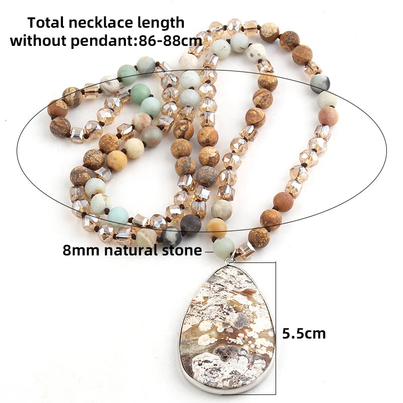 RH Fashion Beaded Necklace 8mm Natural Stone Glass Beads Knotted Pendant Necklaces For Women Bohemian Jewelry Dropship