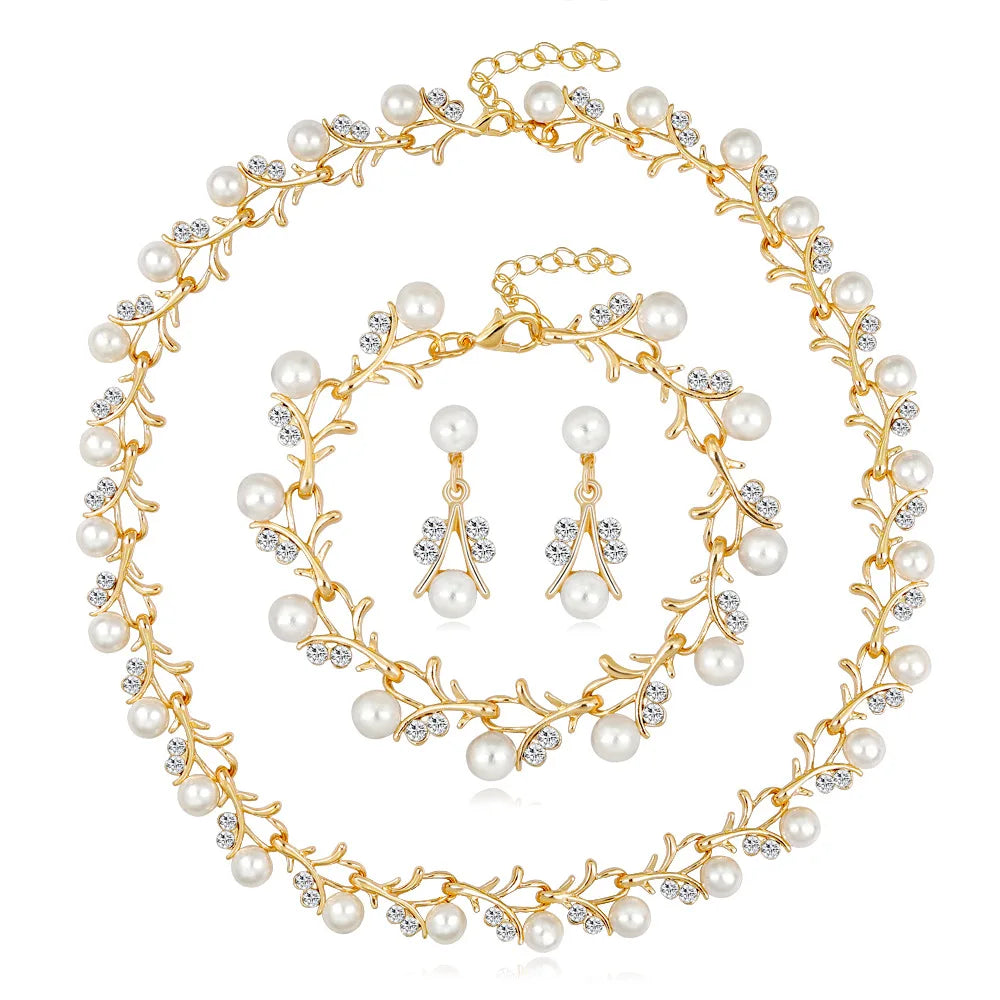 Classic Imitation Pearl Necklace Earring Bracelet for Women Kpop Fashion Gold Color Zircon Wedding Jewelry Sets Bride Accesories