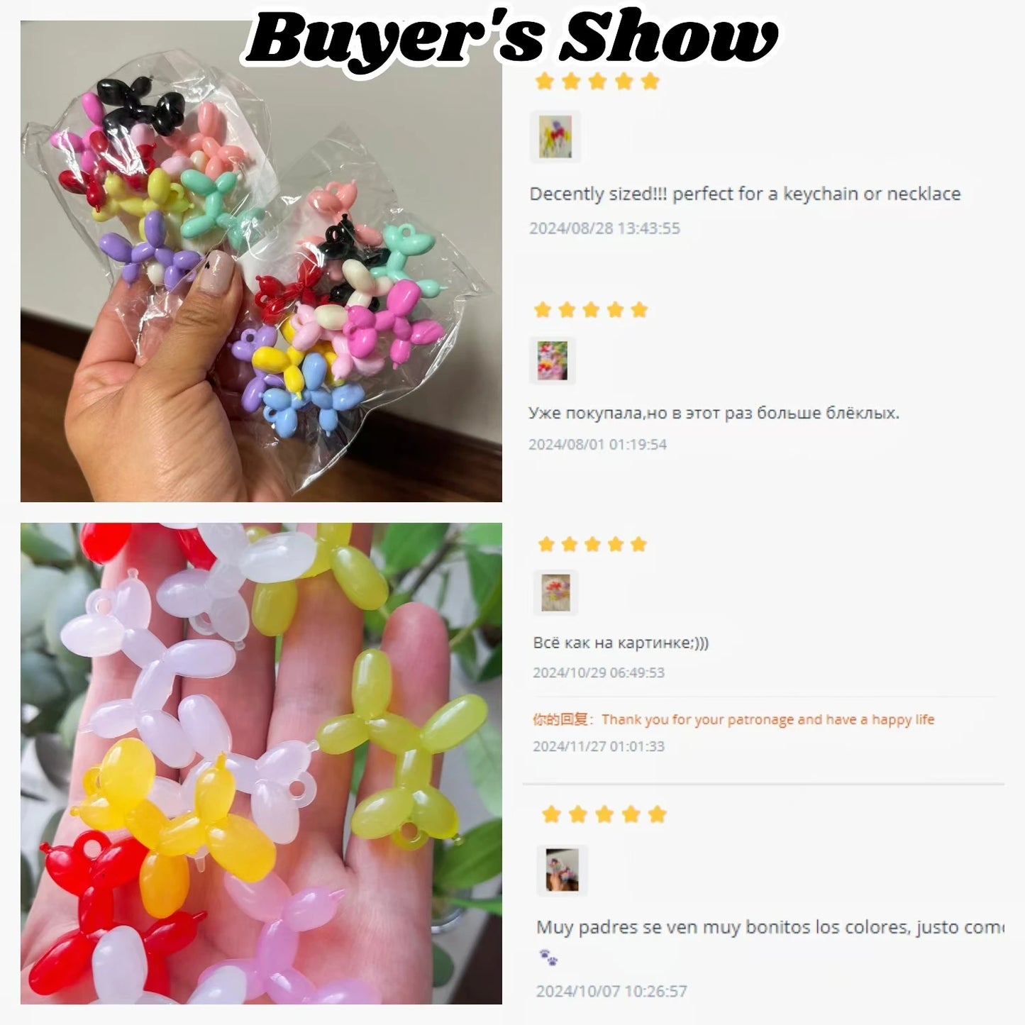 10pcs/Bag tiki hot 34mm Acrylic Jelly Colorful Cartoon 3D cute Balloon Dog DIY Bead Keychain Phone Chain Pendant Accessories