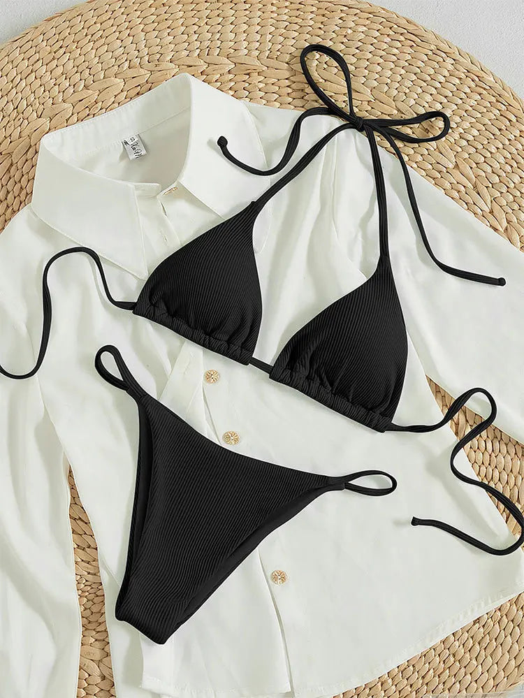 11 Colors Women Sexy Simple Solid Halter Bikini Swimsuit High Waisted Lace Up Beach Bathing Suit Special Pit Stripe Fabric 2024