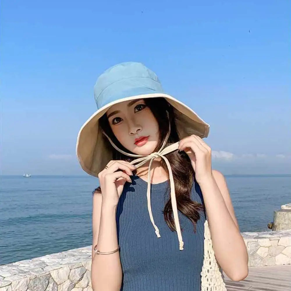 Solid Color Wide Brim Sun Hat Korean Style Anti-UV Sun Protection Hat Fisherman Hat with Neck Rope Women Bucket Hat Ladies