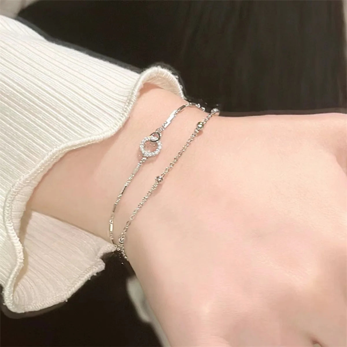 Titanium Steel Silver Color Geometric Bracelet For Women Girl Fashion Holiday Gift Double-deck Bow Wrist Chain Jewelry Pulsera
