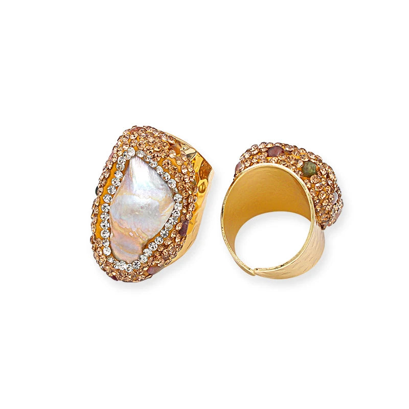 Micro Inlay Baroque Pearl Open Ring for Women Boho Finger Wedding Jewelry with Tourmaline Wholesale