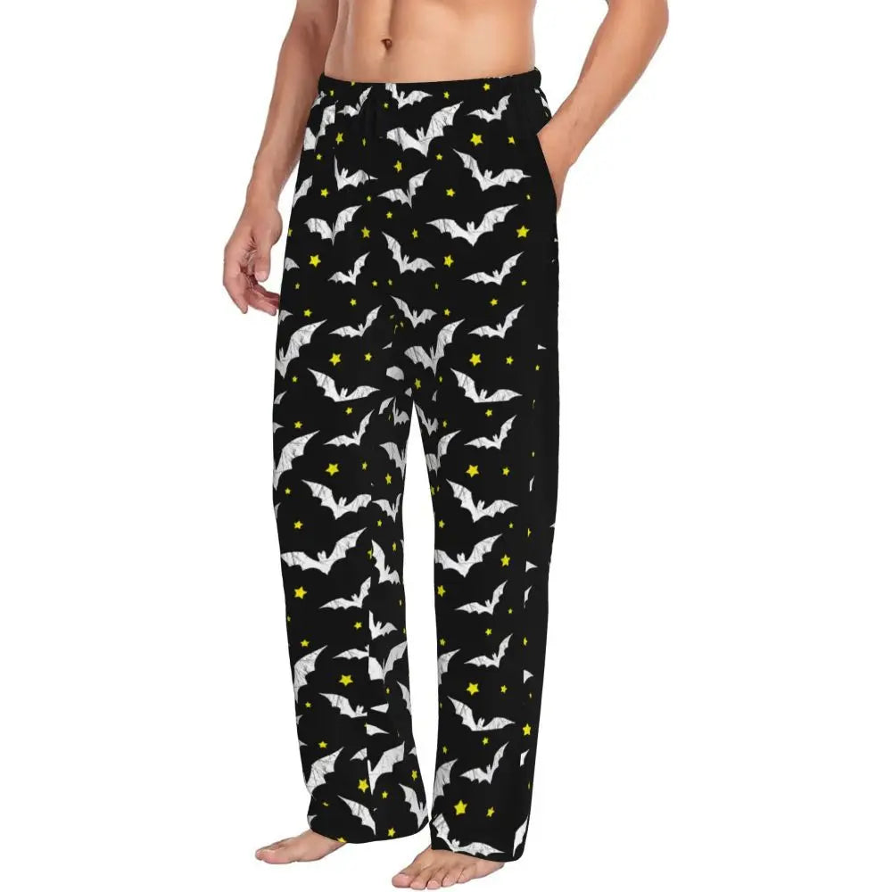 Custom Cute Spooky Halloween Bats Black And Purple Pajama Pants for Men Lounge Sleep Drawstring Sleepwear Bottoms with Pockets
